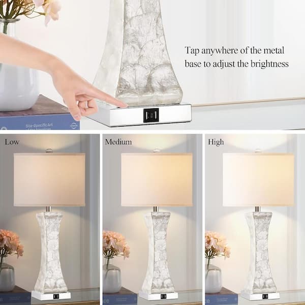 28 in Coastal White Bedside Lamp with 2 USB Ports, 3-Way Dimmable Capiz Shell Nightstand Lamp with Drum Shade