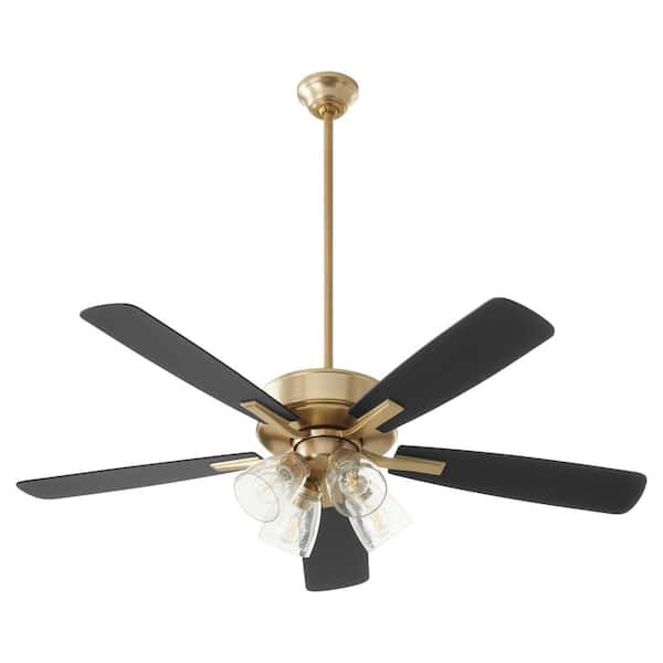 quorum OVATION 52 in. 5 Blade Fan 4 Light 7 watt Medium- Clear Seeded Glass Ceiling Fan - Aged Brass