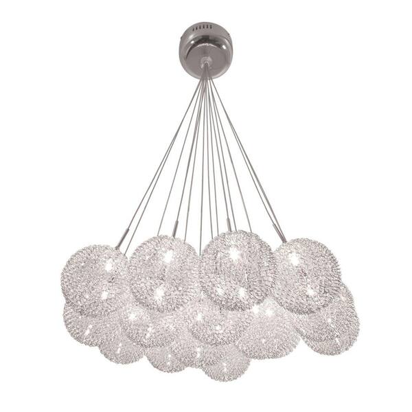 BAZZ Lume Series 15-Light Ceiling Mount Chrome Chandelier with Pendants Clear Balls Covered in a Metal Mesh