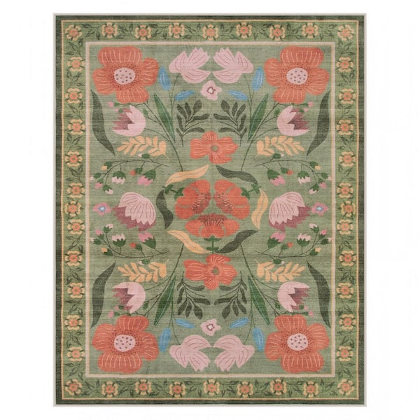Cottagecore Floral Washable Non-Slip Green 8 ft. x 10 ft. Area Rug
