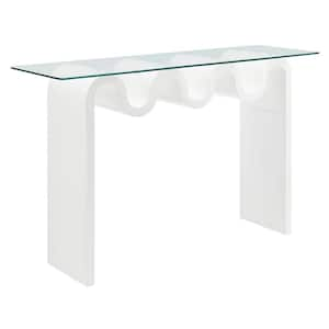 Ondine Glass Console Table in White - Retro Vintage 50 in. Squiggle Sofa Table with Tempered Glass Top