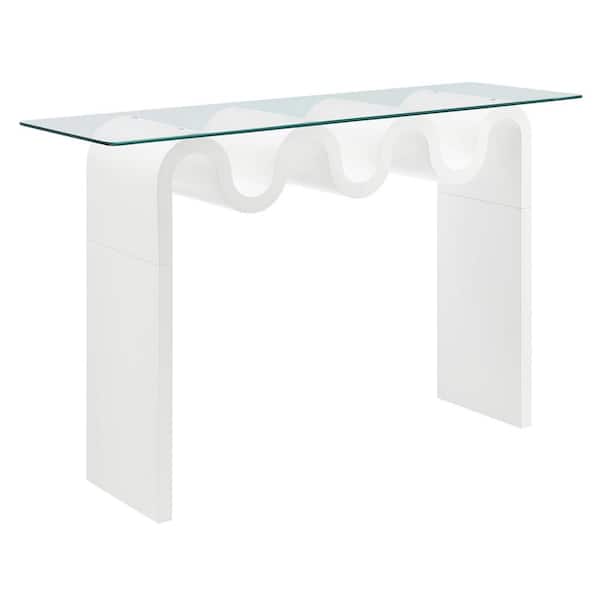 Modway Ondine Glass Console Table in White - Retro Vintage 50 in. Squiggle Sofa Table with Tempered Glass Top
