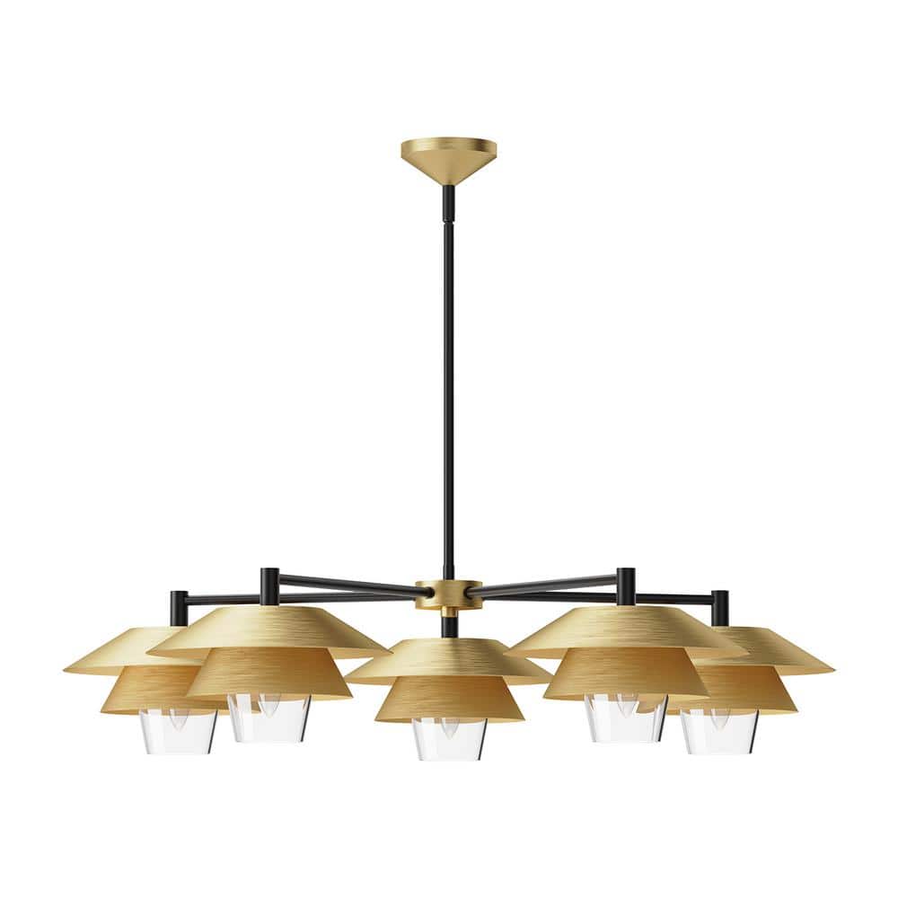 Brushed Gold and Black Metal 5-Light Chandelier with Glass Shades