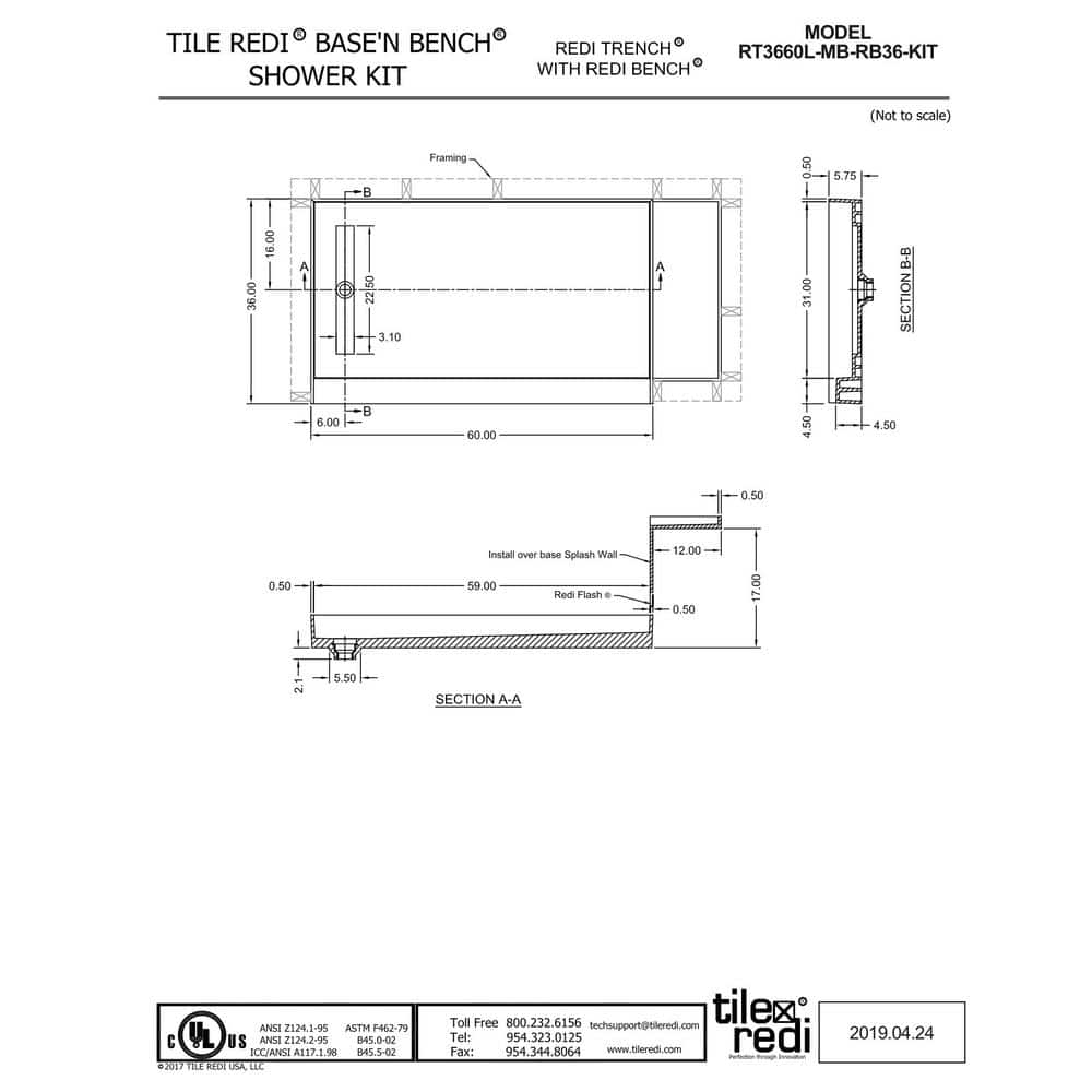 72" x 36" Grey Rectangular Shower Base with Bench