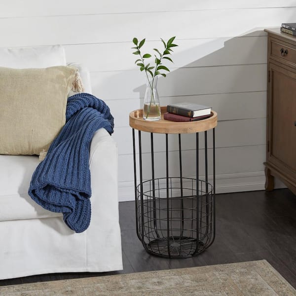 Litton Lane 16 in. Black Large Round Wood End Accent Table with Brown Wood Top and Wire Basket Storage