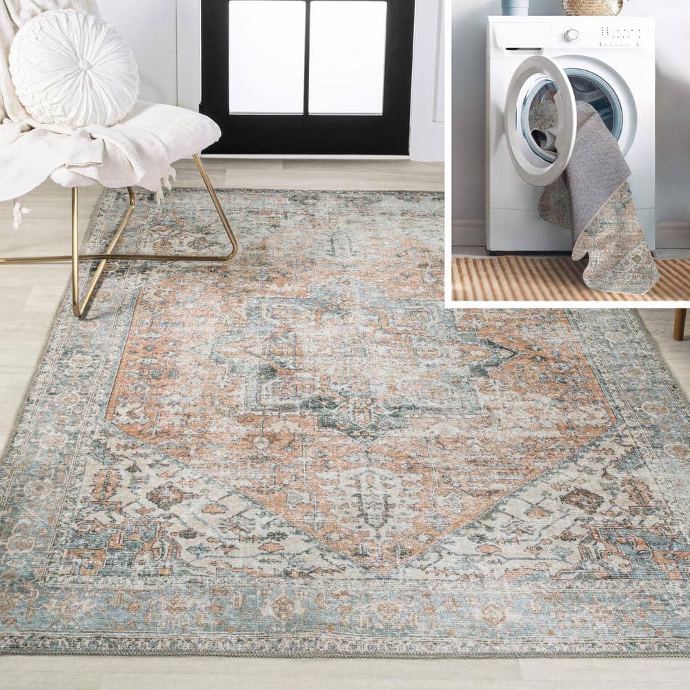 Armae Distressed Blue and Orange Chenille Washable Area Rug