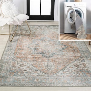 Terra/Blue 3 ft. x 5 ft. Armae Distressed Medallion Chenille Machine-Washable Area Rug