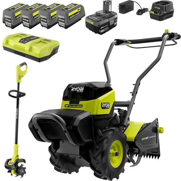 RYOBI 40V HP Brushless 18 in. Battery Powered Rear Tine Tiller 18V ONE 8 in. Cordless Cultivator 40V 18V 4 Ah Batteries RY40720 P2750 The Home Depot