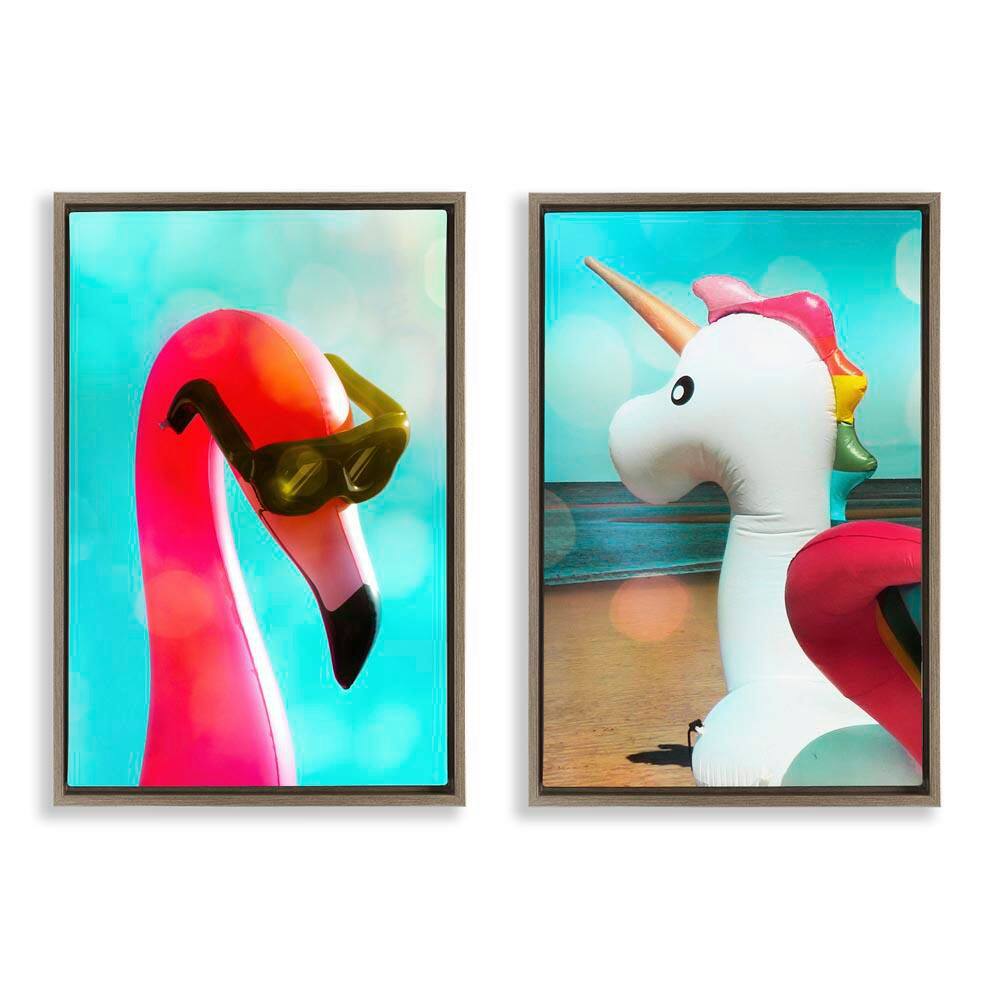 Unicorn and Flamingo Basking by Graffi*tee Studio 2-Pieces Brown Floater Frame Coastal Graphic Art Print 31 in. x 21 in. price history on PriceWatchPro