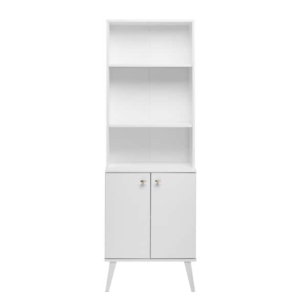 Prepac Milo Mid-Century Modern Bookcase with Adjustable Shelves and Doors, Retro-Inspired Bookshelf with Doors, White