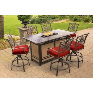 Traditions 7-Piece Aluminum Outdoor Bar Height Dining Set with Red Cushions with 30,000 BTU Fire Pit Table