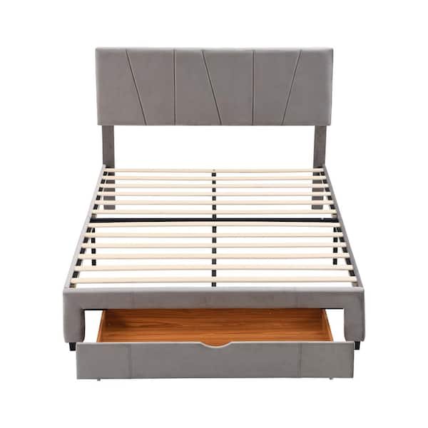 Donason Gray Wood Frame Queen Size Platform Bed with One Drawer and Adjustable Headboard