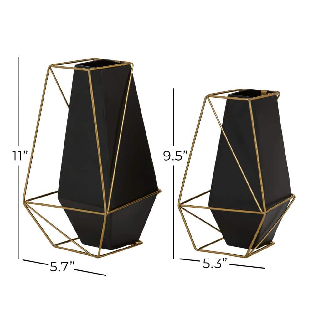 Eclectic Black and Gold Metal Geometric Vase Duo