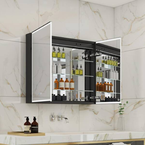 Forclover 36-in x 28-in Lighted LED Fog Free Surface Mount Gray Mirrored Soft Close Medicine Cabinet with Outlet