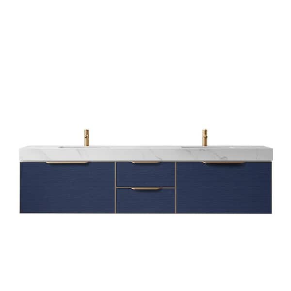 ROSWELL Alicante 84 in. W x 21 in. D x 22 in. H Double Sink Bath Vanity in Blue with White Composite Stone Top