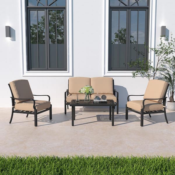 CASAINC 4-Piece Metal Patio Conversation Deep Seating Set with 5.9 inch Olefein Beige Cushions
