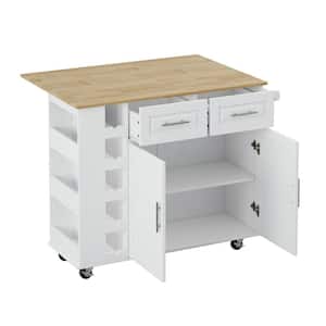 White Wood 46.46 in. Kitchen Island with Door and 2 Drawers, Spice Rack, Towel Holder, Wine Rack, Foldable Table Top