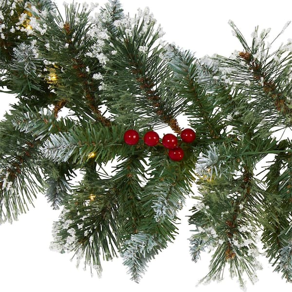 9 ft. Battery Operated Pre-lit Frosted Swiss Pine Artificial Garland with 50 Clear LED Lights and Berries