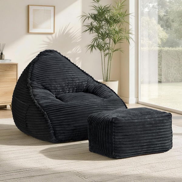 Walker 41.34 in. Armless 2-piece Fabric Bean Bag Sectional Sofa in Black with Ottoman and Side Pocket
