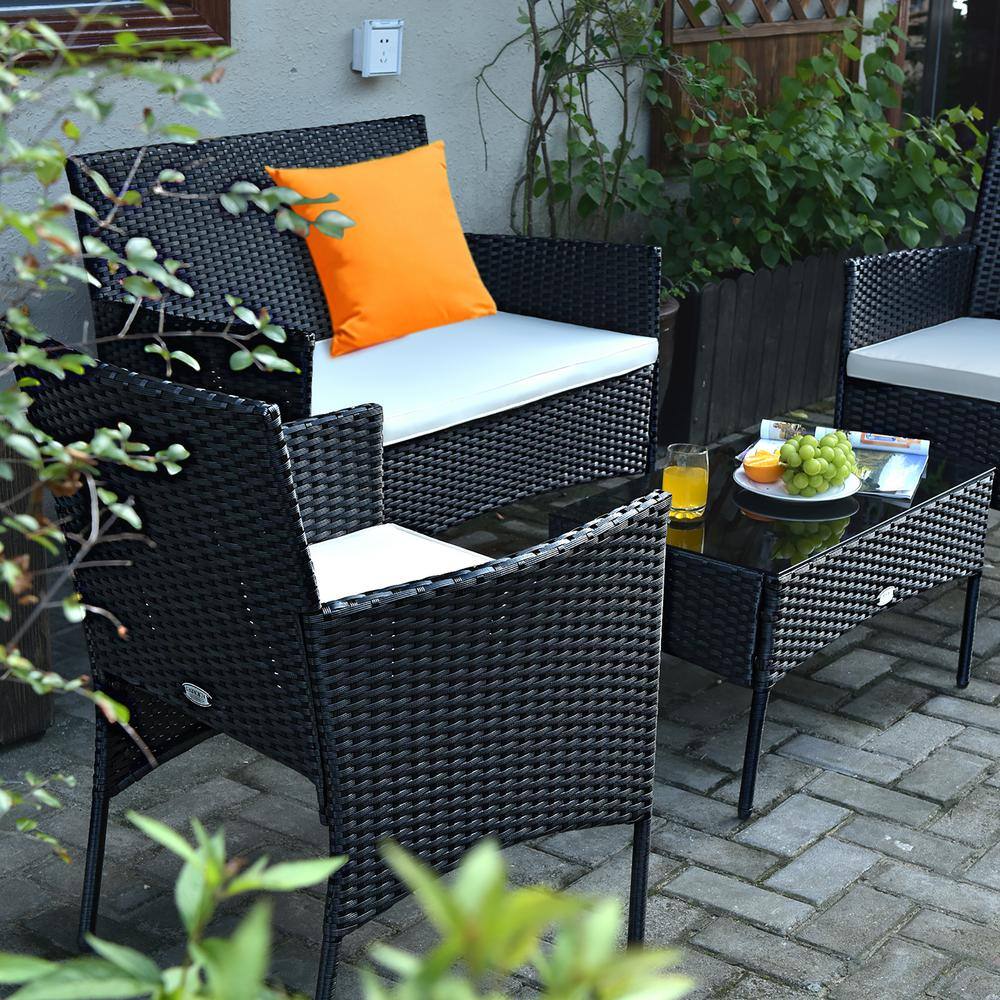 Modern Black Wicker 4-Piece Patio Set with White Cushions