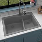 Drop-In Quartz Composite 33 in. 1-Hole 60/40 Double Bowl Kitchen Sink in Grey