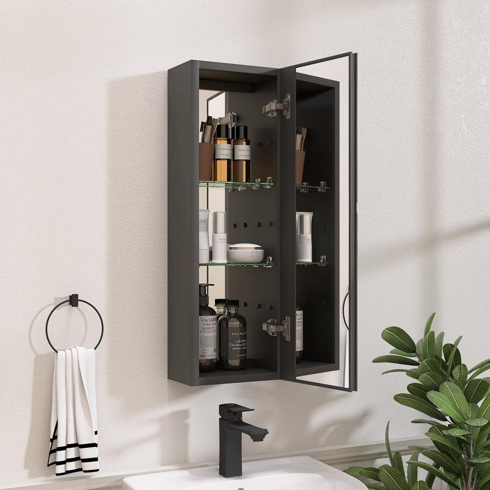 NTQ 10 in. W x 30 in. H Small Black Rectangular Aluminum Surface Mount Bathroom Medicine Cabinet ...