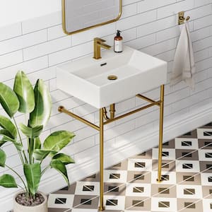 24 in. Ceramic White Rectangular Bathroom Console Sink with Golden Legs and Overflow