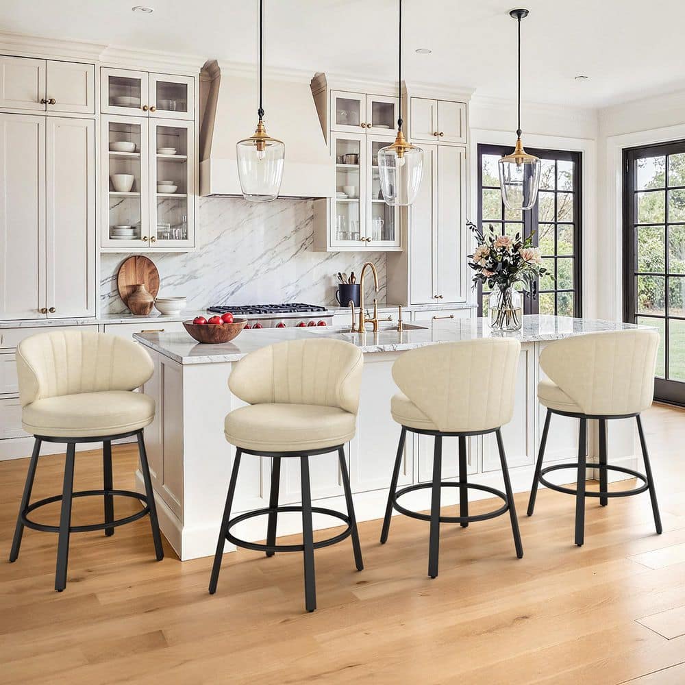 26 in. Beige Faux Leather Modern Low Back Swivel Bar Stools Metal Frame Upholstered Counter Height Bar Stools Set of 4 price history on PriceWatchPro