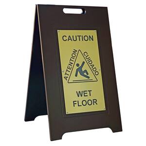 24 in. Brown 2-Sided Recycled Plastic With Gold Insert Panel Bilingual Wet Floor Sign