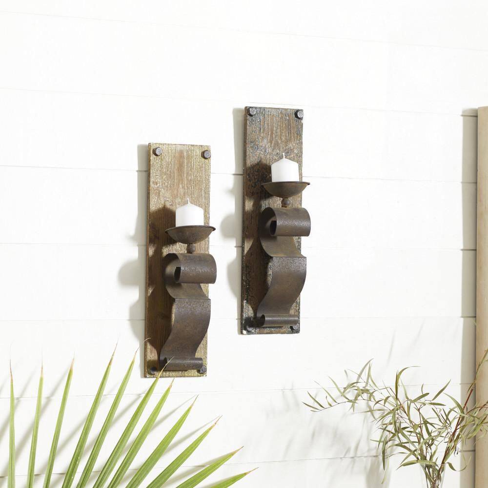 Rustic Distressed Wood & Metal Geometric Wall Sconce, Set of 2