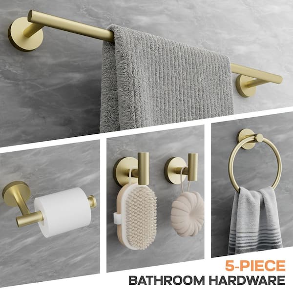 5-Piece Bath Hardware Set with Towel Bar Hand Towel Holder Toilet Paper Holder Towel Hook Modern in Brushed Gold