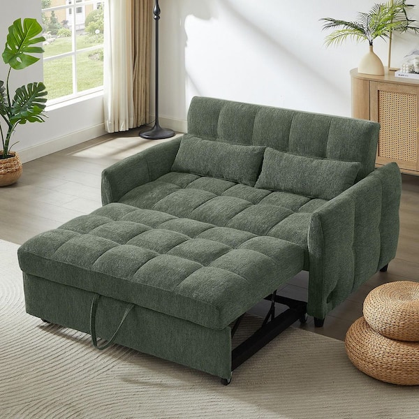 52.8 in Round Arm Chenille Rectangle Pull-out Sofa Bed with Adjustable Backrest, 3 USB Ports, 2-Pillows in Green