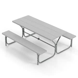 72 in. Grey Rectangle Metal Frame Picnic Tables Bench Set for 8-Person