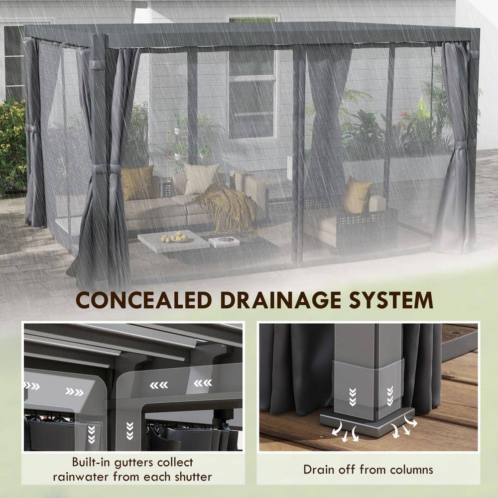 Dark Gray Aluminum Pergola with Adjustable Louvered Roof and Curtains