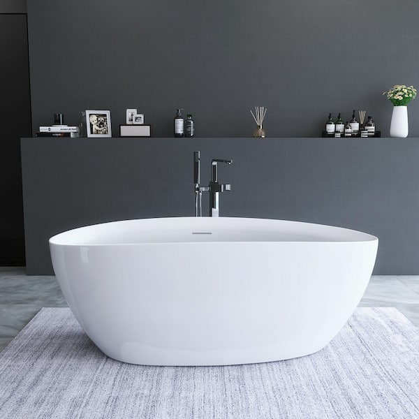 Getpro 59 in. Acrylic Flatbottom Freestanding Soaking Bathtub in White