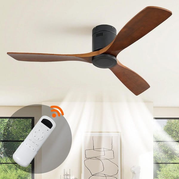 52 in. Modern Flush Mount Ceiling Fan, 3 Solid Wood Blades, Remote Control, Reversible DC Motor, Without Light