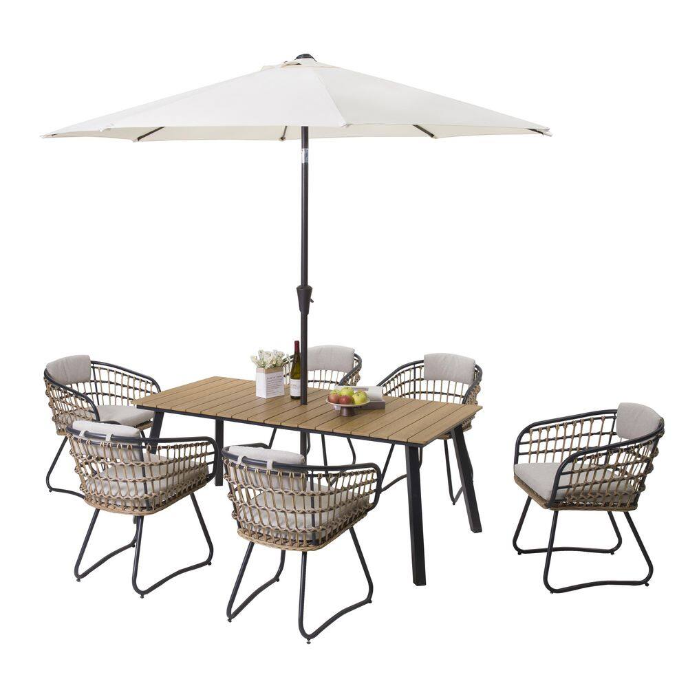 Moda Furnishings 7-piece wicker outdoor dining set with a white patio umbrella.