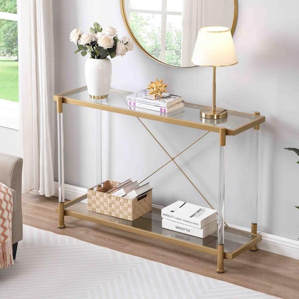 Magic Home 43.31 in. Golden 2-Tier Glass Top Side Table Console Storage Sofa Table for Living Room Hallway Entryway