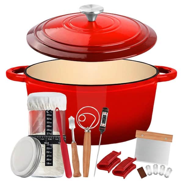 5 qt. Oval Enameled Cast Iron Dutch Oven in Red with Lid, Sourdough Bread Baking Kit, Oven Safe to 500°F