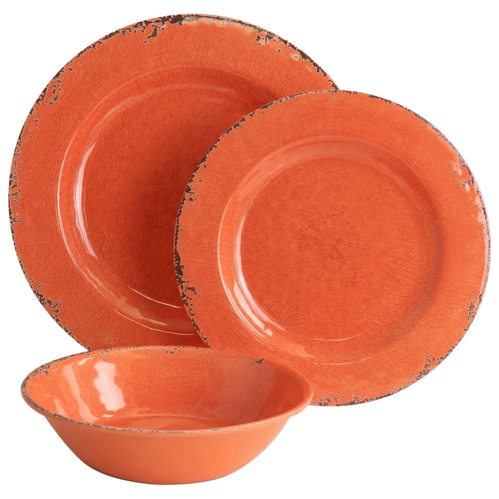 Crackle Orange Melamine 12-Piece Dinnerware Set, Service for 4