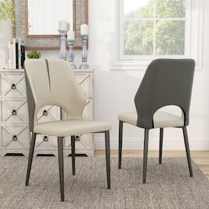 Set of 4 Modern Dining Chairs PU Leather Seat Curved Open Back with Black Iron Legs in Gray