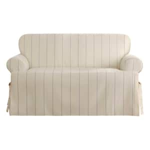Heavyweight Natural with Blue Stripe Cotton Duck T-Cushion Loveseat Slipcover