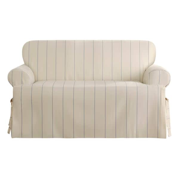 Sure-Fit Heavyweight Natural with Blue Stripe Cotton Duck T-Cushion Loveseat Slipcover
