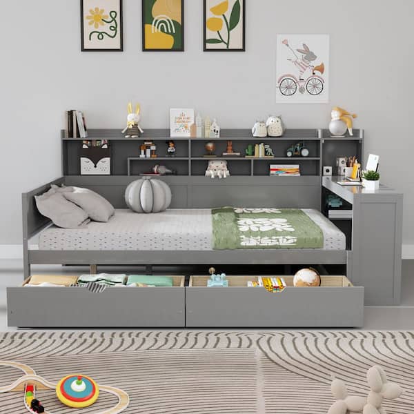 Gray Full Daybed with Storage Shelves, 2 Storage Drawers and Study Des