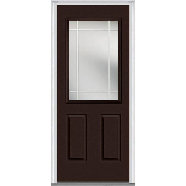 MMI Door 36 in. x 80 in. Prairie Internal Muntins Left-Hand Inswing 1/2 Lite Clear Painted Fiberglass Smooth Prehung Front Door