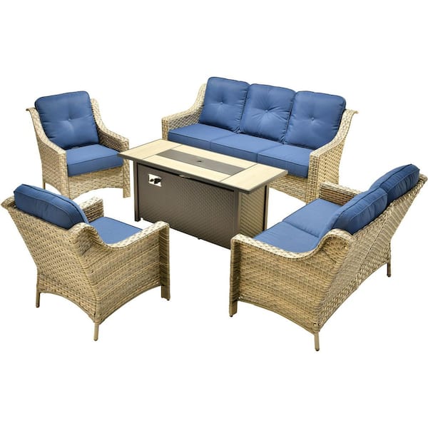 Cherry 5-Piece Wicker Outdoor Fire Pit Furniture Patio Conversation Sofa Set with a Loveseat and Navy Blue Cushions