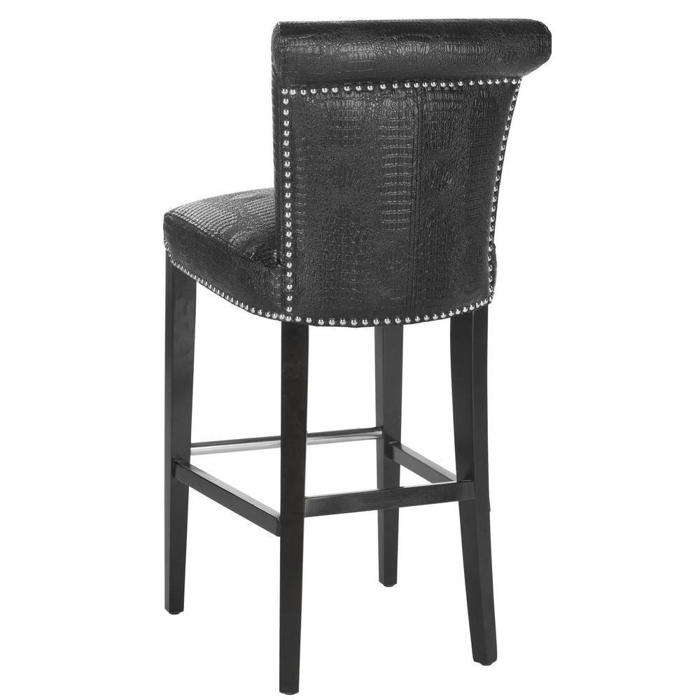 Seth Transitional Black Crocodile Leather Bar Stool with Silver Nailhead