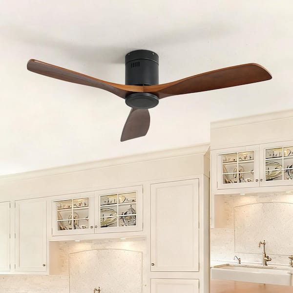 52 in. Smart Black Flush Mount Standard Ceiling Fan with 3 Solid Wood Blades, Noiseless Reversible Motor without Light