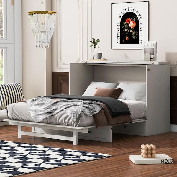 Qualler White Wood Frame Queen Murphy Bed with USB Ports and Drawer