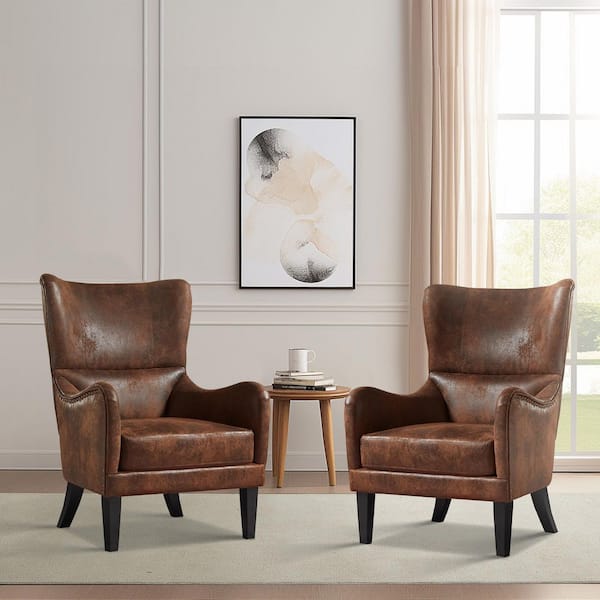Brown High Back Mid-Century Wingback Chairs Set of 2, Faux Leather